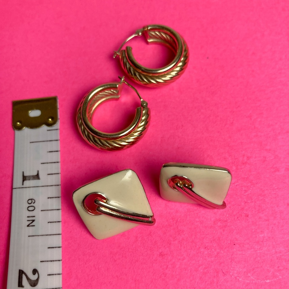 Hand picked vintage earring set. Enamel art deco and gold tone knot hoops.
